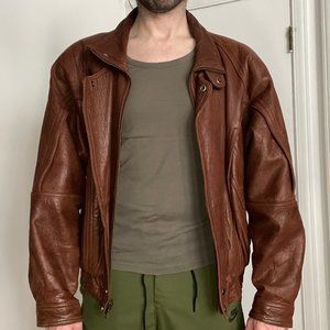 vtg Midway Leather Bomber Jacket Size Large Brown 1980s Flight Biker Full Zip